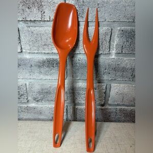 Vintage MCM Kitsch Bright Orange FOLEY Serving Fork Spoon Plastic Kitchen Set
